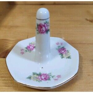 Vintage 3" Ring Holder Dish Trinket Bone China Pink Roses Yellow Flowers
